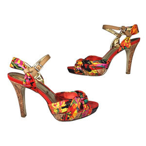 Style Co Shoes 6.5 Red Floral Scarf Wrap Around Ankle Strap Heels Stilettos
